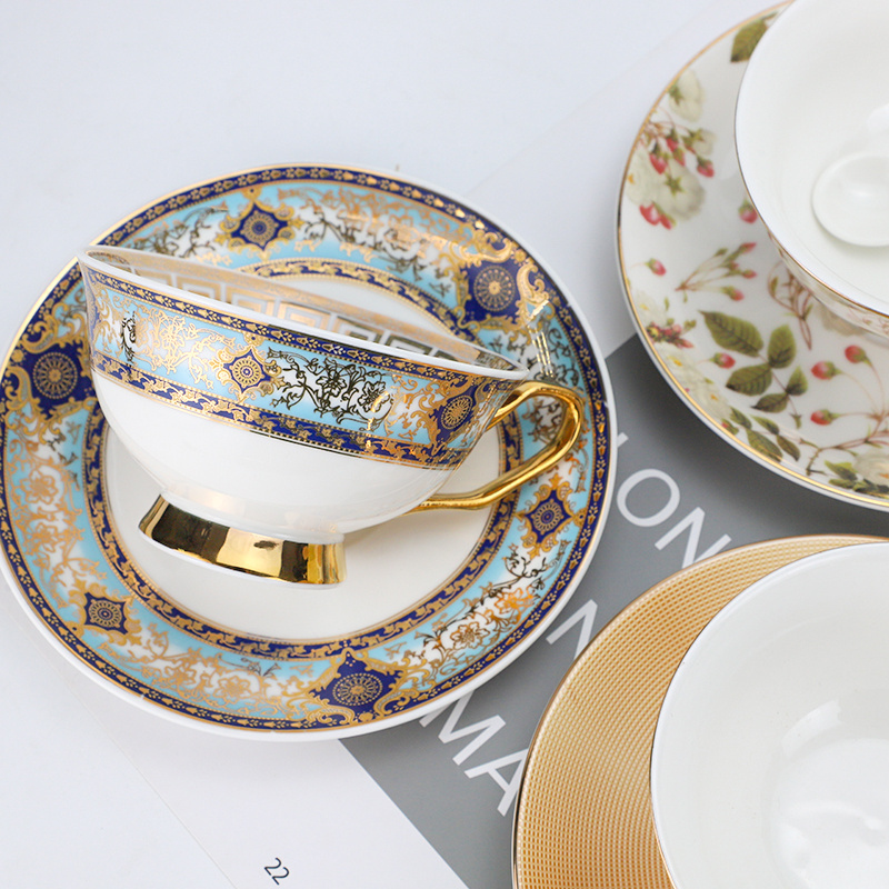 Nordic Luxury Golden Rim Fine Bone China Coffee Tea Cup and Saucer Set, Vintage Tea Cups and Saucers, Cappuccino Cup & Dish