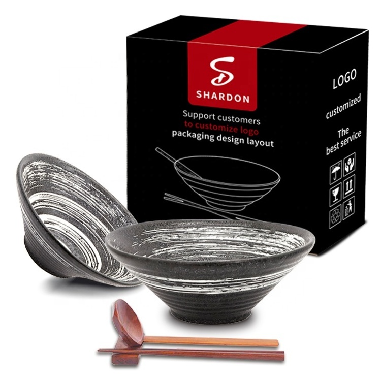 Ceramic Japanese Ramen Bowl Set Large Noodle Bowl Set Of 2 with Matching Spoons and Chopsticks for Udon Soba Pho Asian Noodles