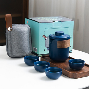 Ceramic Travel Tea Set With 1 Teapot and 4 Teacups, Handmade Portable Kungfu Tea sets/Suitable for Travel/Home/Outdoor/Office