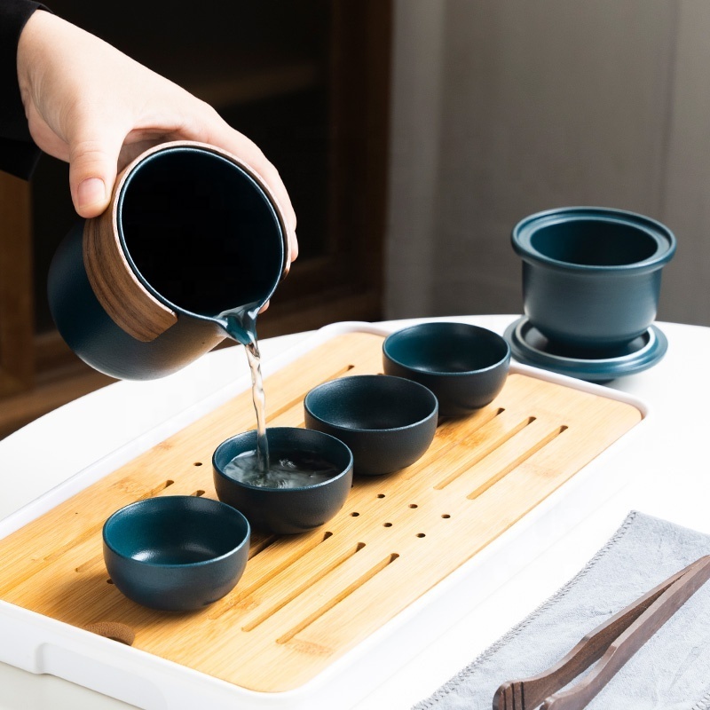 Ceramic Travel Tea Set With 1 Teapot and 4 Teacups, Handmade Portable Kungfu Tea sets/Suitable for Travel/Home/Outdoor/Office