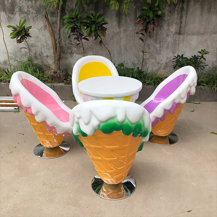 Fiberglass Figurine support customized ice cream chair and table/ resin ice cream sculpture/ fiberglass ice cream cone chair