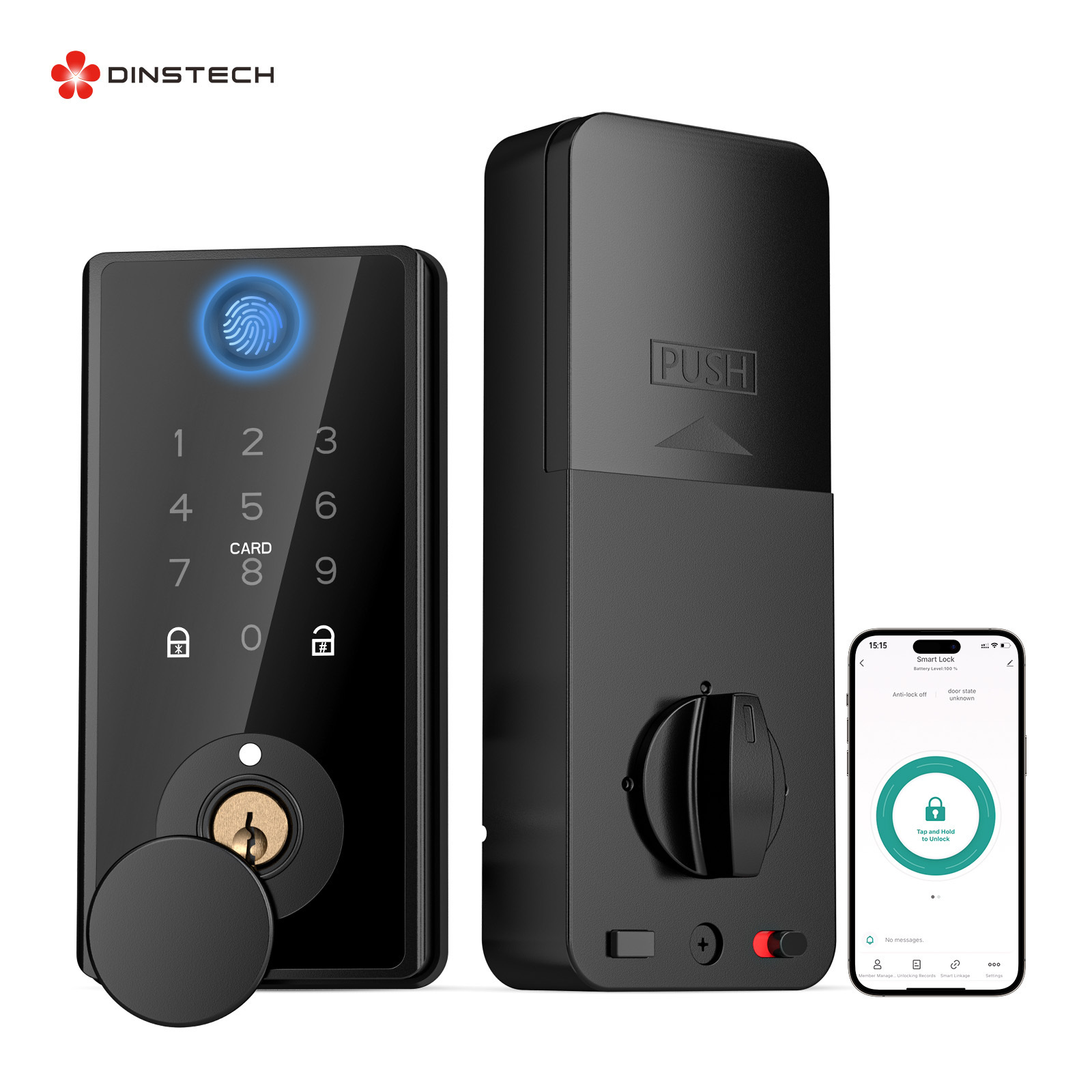 Dinstech bluetooth digital keyless entry smart home lock TUYA card fingerprint door lock one time PIN code deadbolt lock