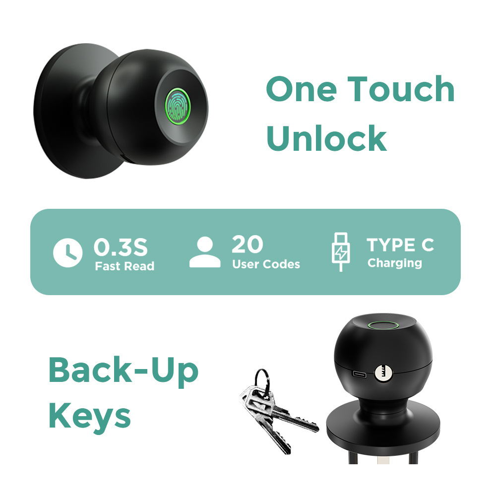 Dinstech 2023 new fingerprint keyless deadbolt smart door lock black ball bedroom office bluetooth tuya smart door locks key