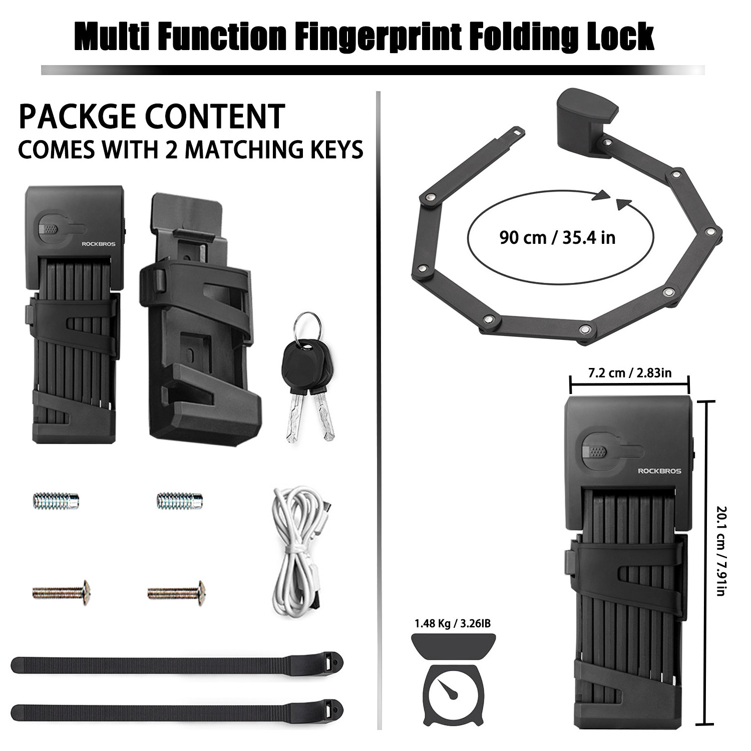 Folding Bike Lock  u-lock Fingerprint Recognition Bicycle Finger Print Electric Locking Folding Whale Tail Locks