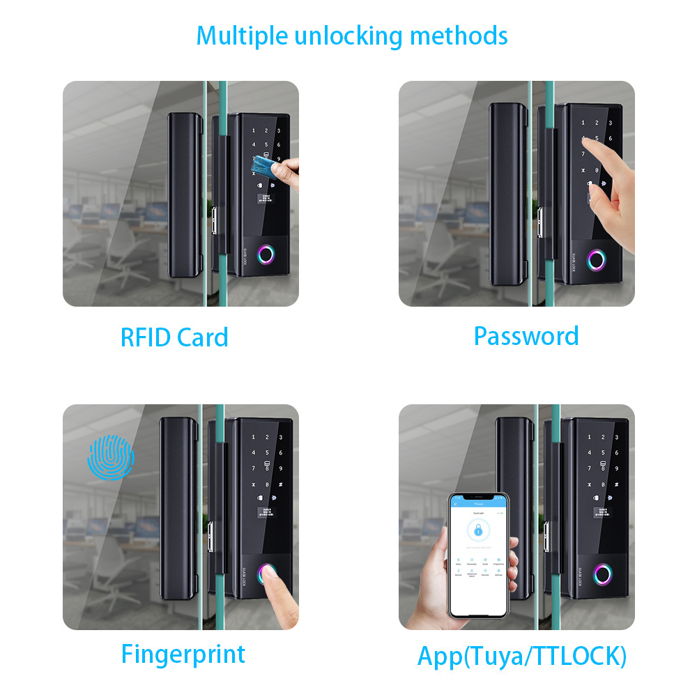 Frameless Fingerprint Safety Ttlock Smart Lock For Sliding Rail Glass Aluminum Door Sliding Glass Lock Buckle