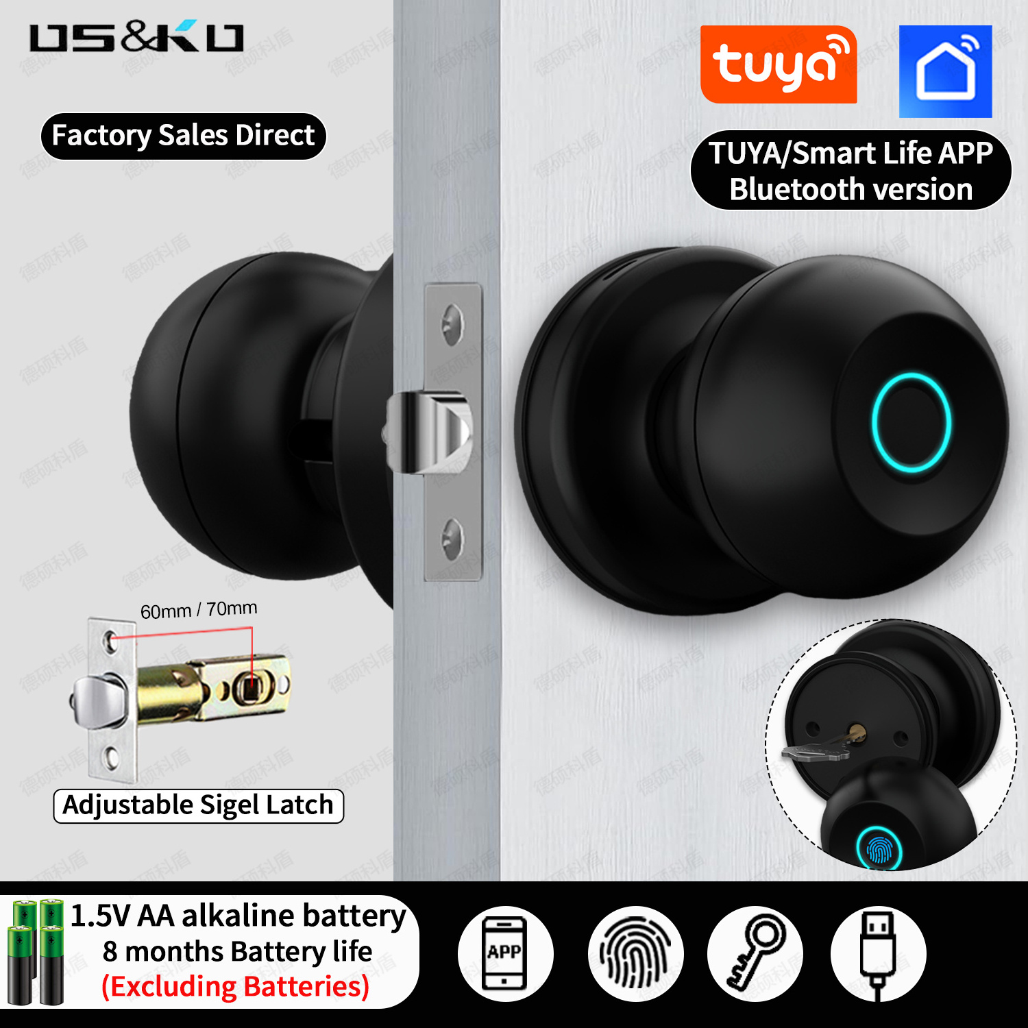 Tuya App Bluetooth Remote Control Black Intelligent Keyless Smart Fingerprint Round Ball Knob Lock Bluetooth Door Lock