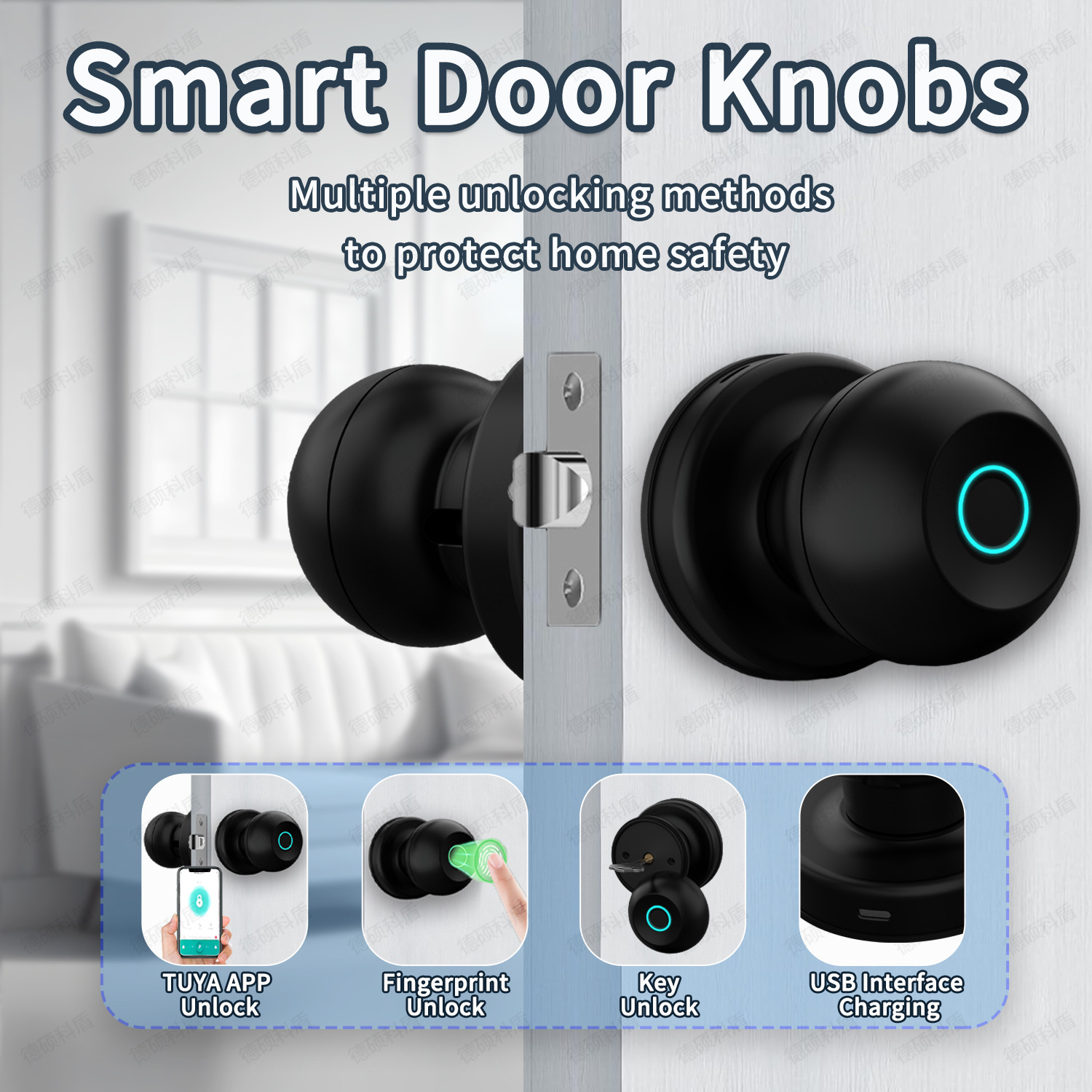 Tuya App Bluetooth Remote Control Black Intelligent Keyless Smart Fingerprint Round Ball Knob Lock Bluetooth Door Lock