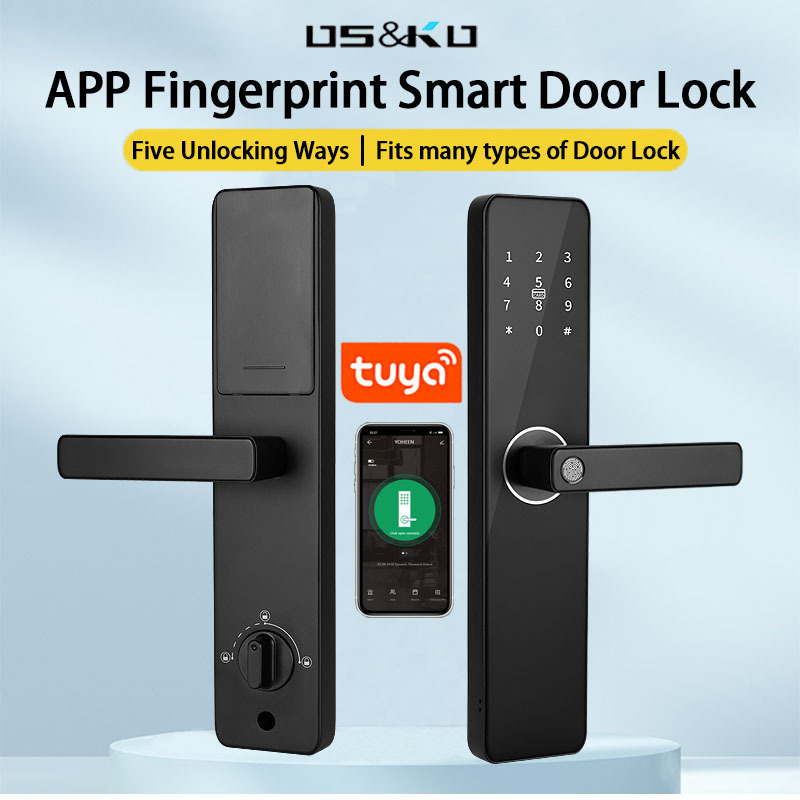 WiFi Tuya APP Wireless Keyless Electric Smart Door Lock Electric Fingerprint Handle Deadbolt For Wooden Door