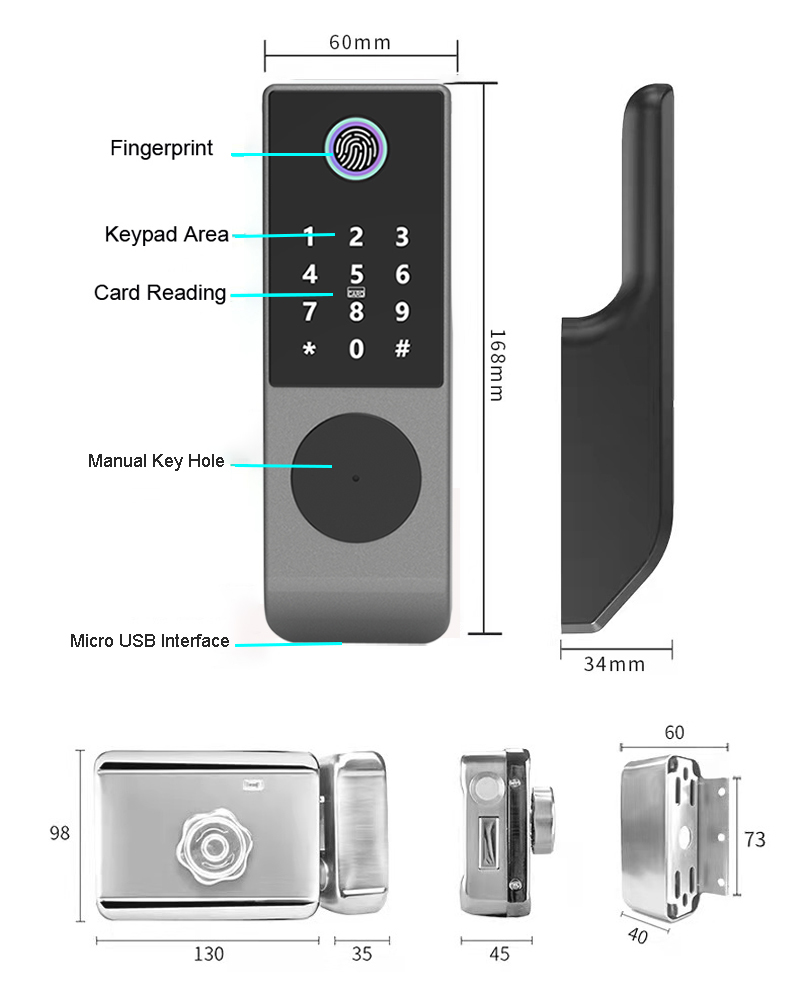 Waterproof Outdoor Biometric Fingerprint Iron Gate Digital Wooden Metal Door Electric Lock Outside Gate Both Side Bullhead Lock