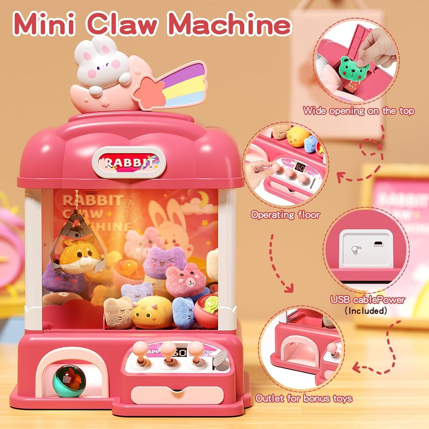 Rabbit Kids Mini Small Claw Machine Toys Plush Candy Vending Grabber Prize Dispenser Pretend Play Toys for Girls Boys Kids