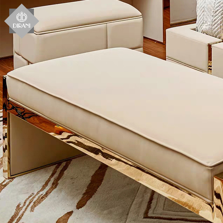 luxury modern bedroom leather upholstered ottoman bench bed end stool leather metal covered ottoman bed bench