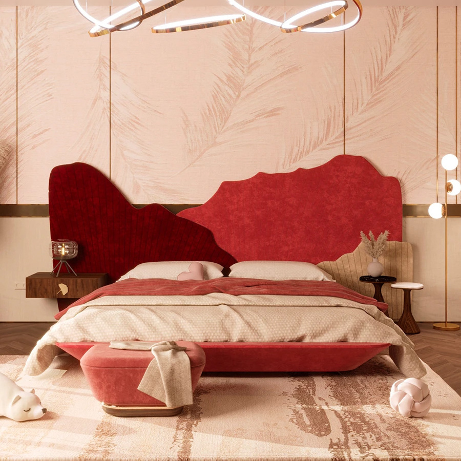 ginkgo unique headboard double comfortable upholstered bed rose red bedroom furniture fabric velvet girl queen bed