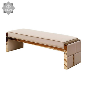 luxury modern bedroom leather upholstered ottoman bench bed end stool leather metal covered ottoman bed bench