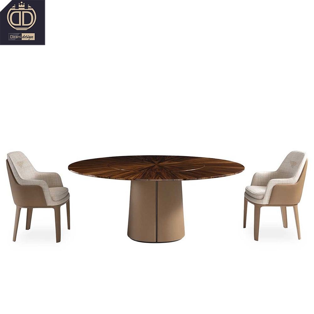 black walnut wooden and leather round dinner table set 4 6 8 10 seat modern luxury round spinning table