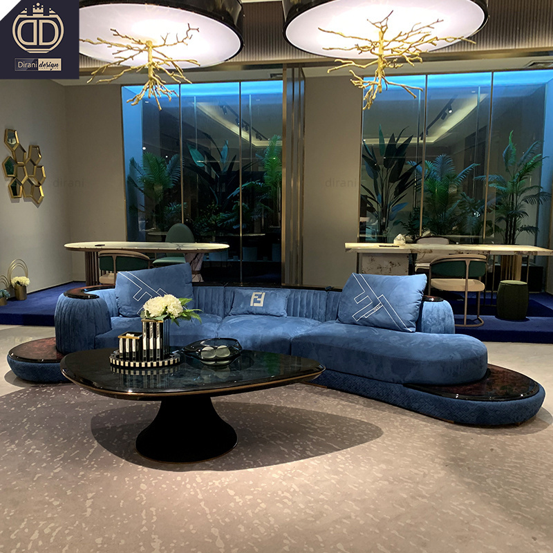 luxury leather family hall sofa couch curved salon living room blue curved sectional couch with coffee table