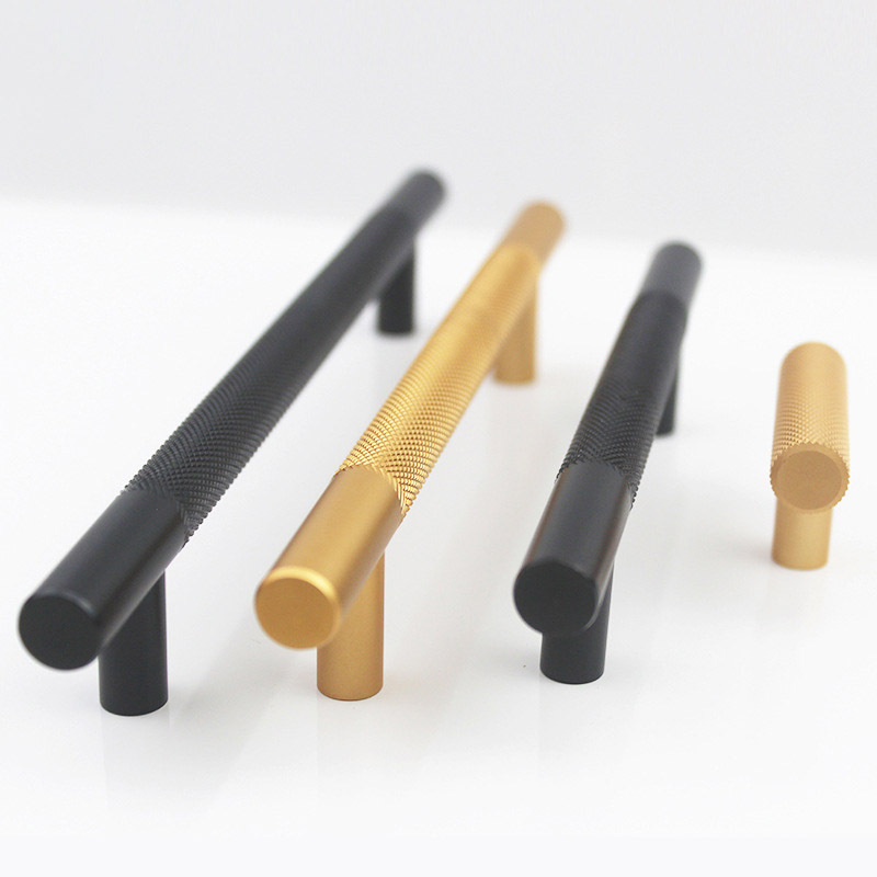 Luxury Black Gold Knurled Kitchen Door Pull Satin Brass T Bar Cabinet Handle