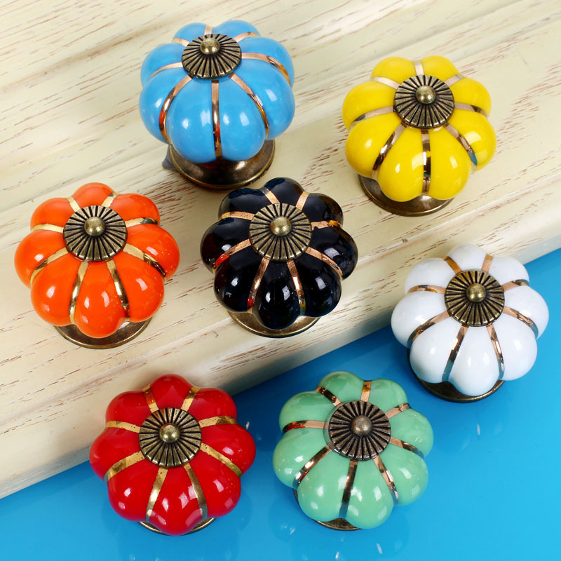 Wholesale cabinet furniture round pumpkin ceramic cupboard glass door knobs