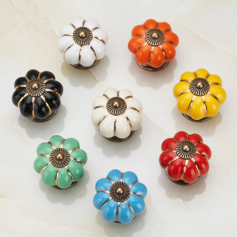 Wholesale cabinet furniture round pumpkin ceramic cupboard glass door knobs