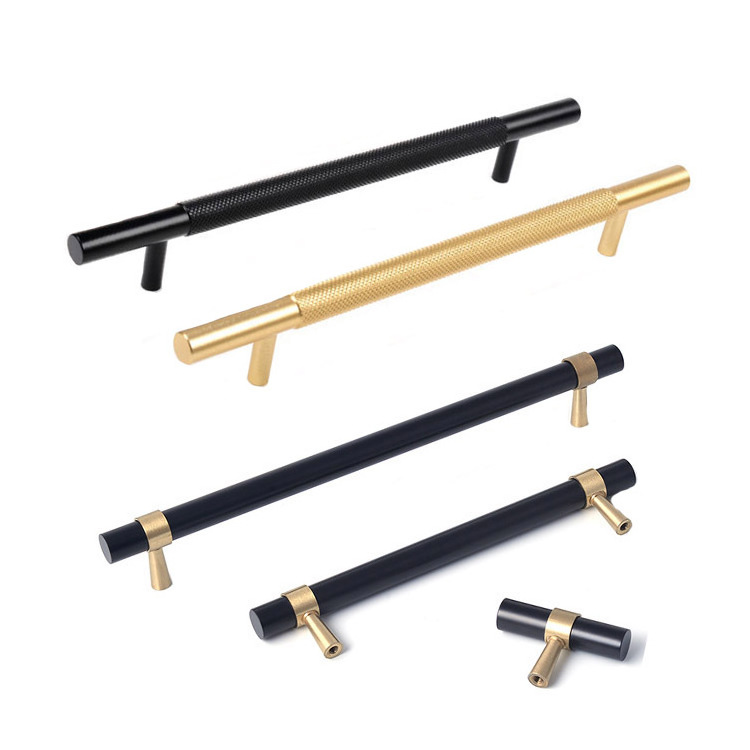 Luxury Black Gold Knurled Kitchen Door Pull Satin Brass T Bar Cabinet Handle