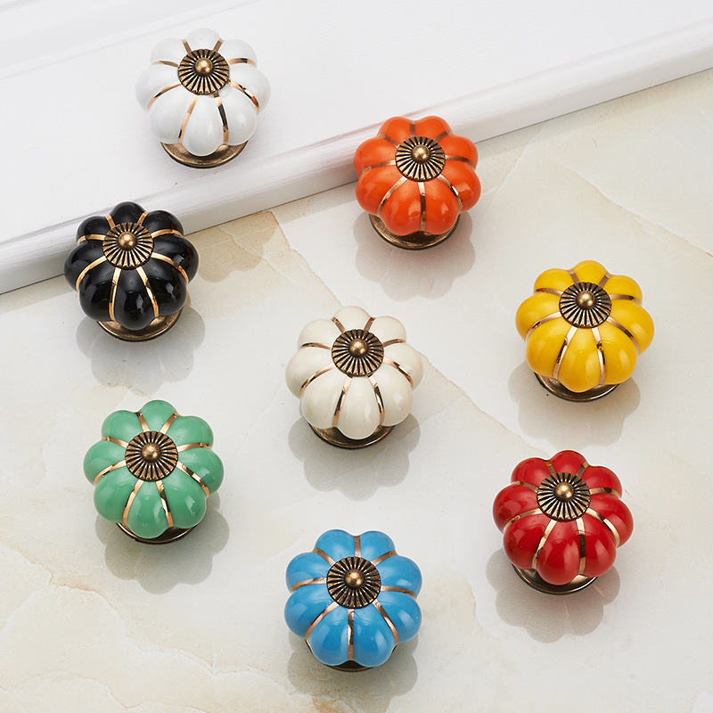 Wholesale cabinet furniture round pumpkin ceramic cupboard glass door knobs