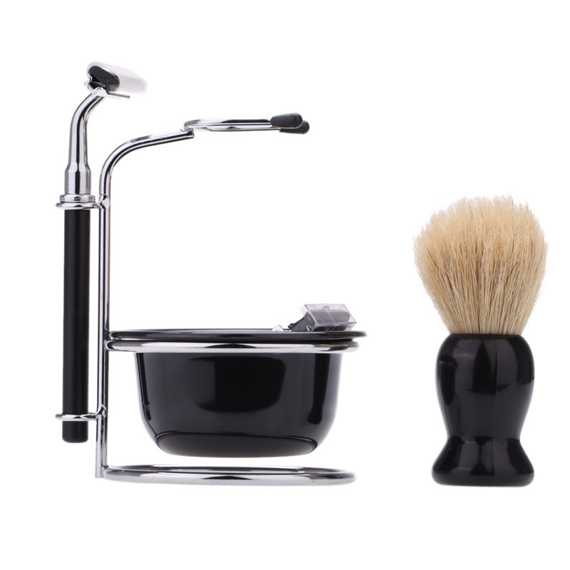 Luxury Father's Day Gifts Personalized  Pro 4 In 1 Shaving Brush Set with Stainless Steel Shaving Razor  Brush Stand and Bowl