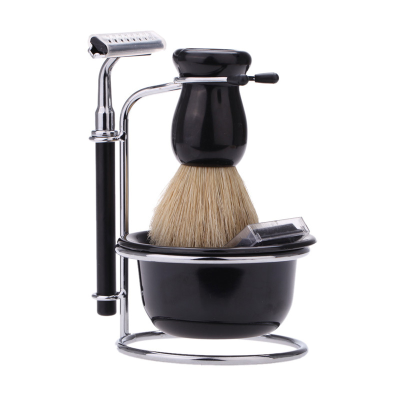 Luxury Father's Day Gifts Personalized  Pro 4 In 1 Shaving Brush Set with Stainless Steel Shaving Razor  Brush Stand and Bowl