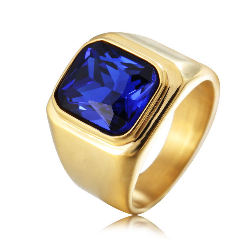 Men's Fashion Stainless Steel Gold Plated Ring with Square Blue Stone