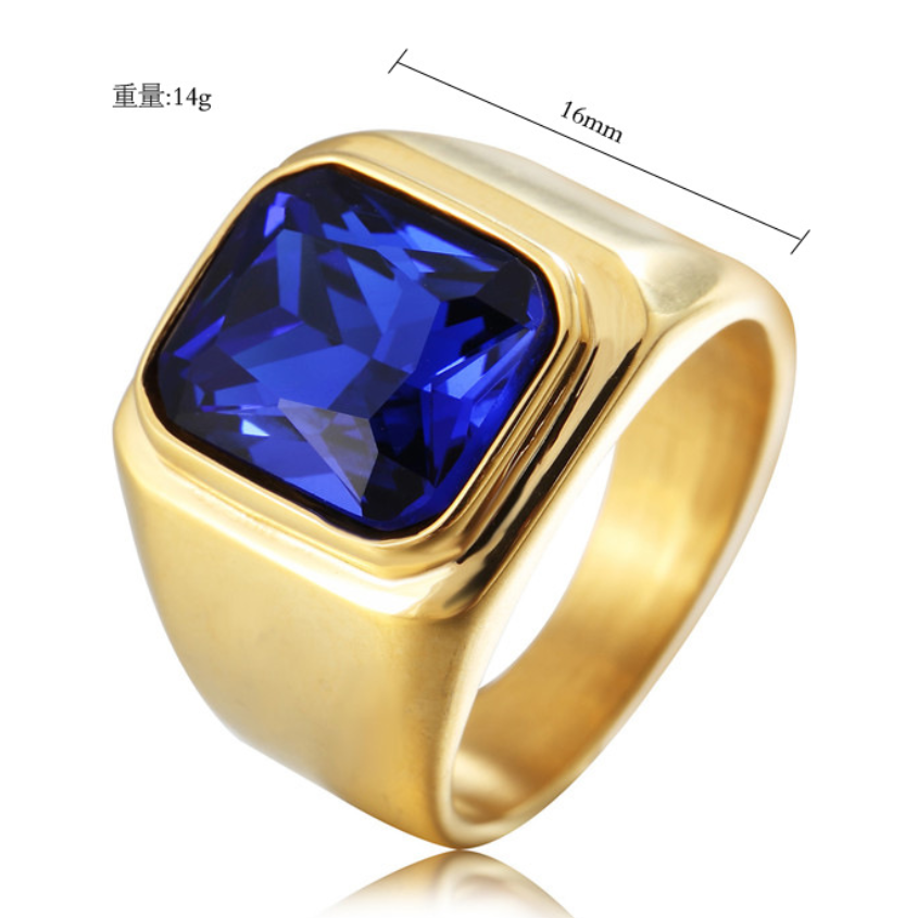 Men's Fashion Stainless Steel Gold Plated Ring with Square Blue Stone