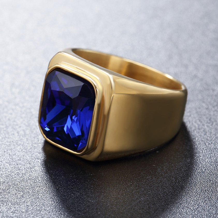 Men's Fashion Stainless Steel Gold Plated Ring with Square Blue Stone