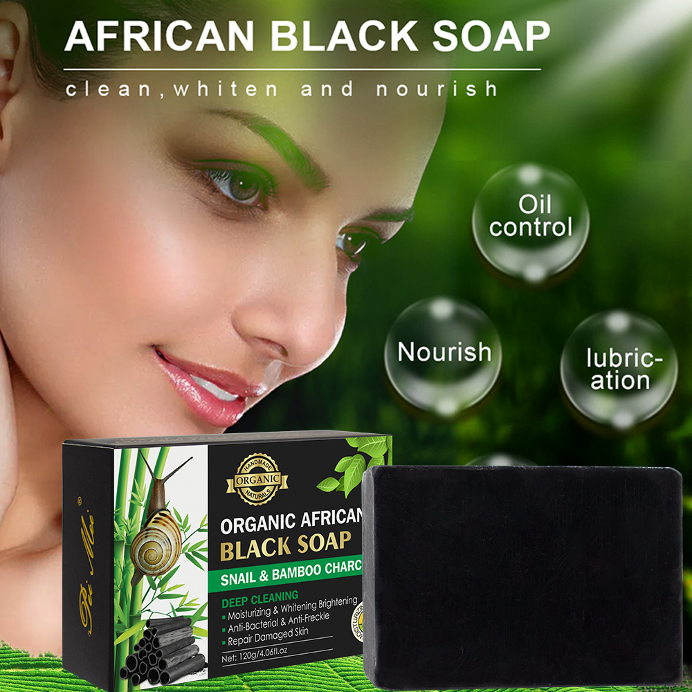 Organic Best African Black Soap Cleaning Whitening Handmade Snail & Bamboo Charcoal Natural Black Soap For Facial and Body