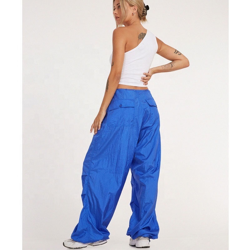 Women Drawstring Low Waist Blue Cargo Pants Female Baggy Trackpants Nylon Windbreaker Parachute Pants