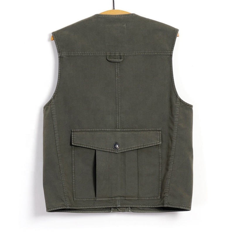 Custom green cargo pockets vest slim fit mens utility vest casual trendy outdoor denim utility work vest for men