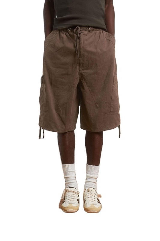 Custom Men Women Unisex Oversized Fit Elasticated Waistband Adjustable Hem Drawcord Brown Ecru Parachute Cargo Shorts