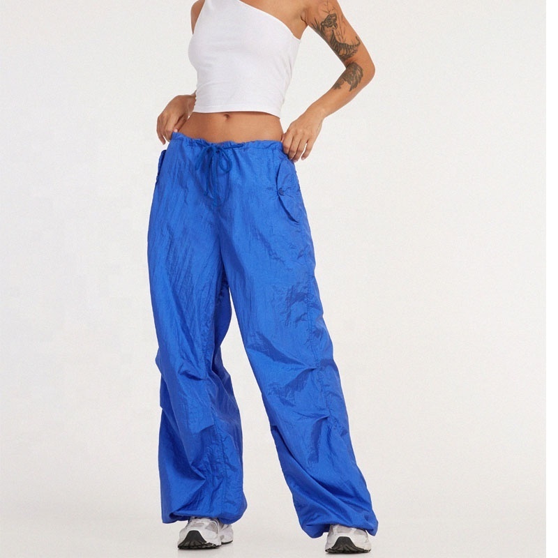 Women Drawstring Low Waist Blue Cargo Pants Female Baggy Trackpants Nylon Windbreaker Parachute Pants