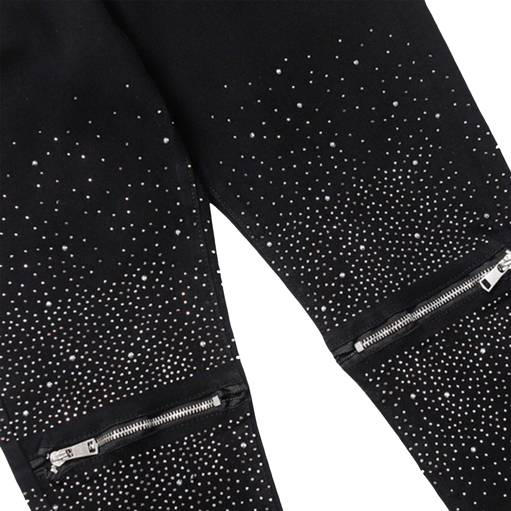 Custom Men Trendy Black Washed Heavyweight Slim Fit Denim Jeans Rhinestone Studded Skinny Jeans