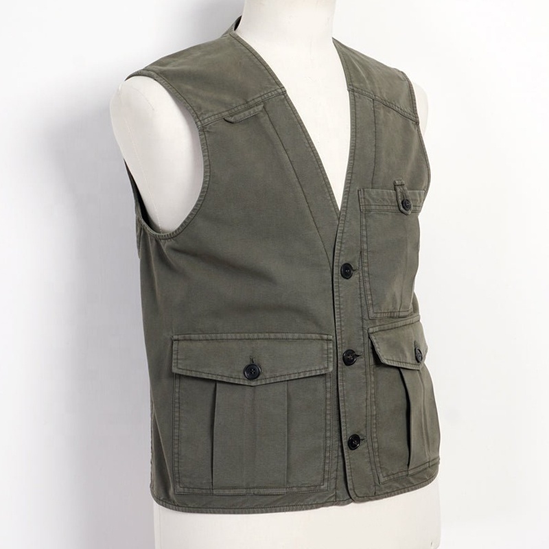 Custom green cargo pockets vest slim fit mens utility vest casual trendy outdoor denim utility work vest for men