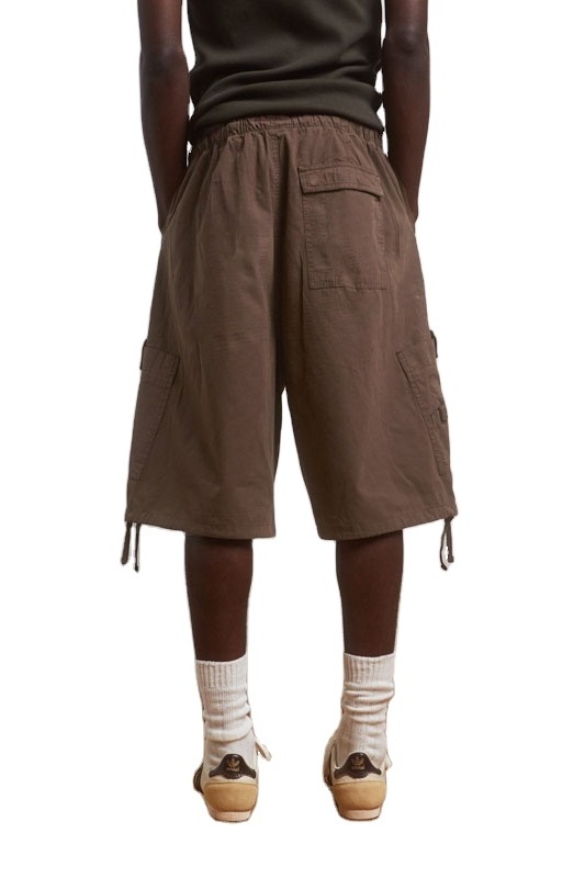 Custom Men Women Unisex Oversized Fit Elasticated Waistband Adjustable Hem Drawcord Brown Ecru Parachute Cargo Shorts