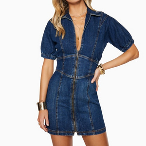 Custom Women 2022 Brand New Sexy Mini Jean Skirts V-Neck Turn-Down Collar Front Zip Sexy Denim Dresses Women Lady Elegant