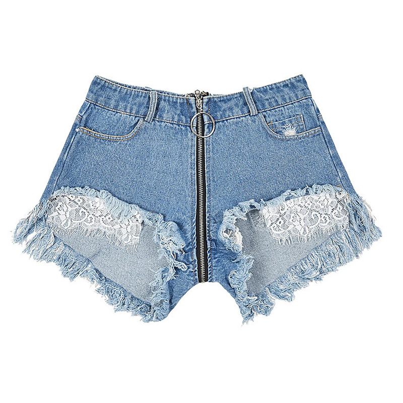 Women Hot Sexy Jeans Shorts Denim 2022 Women's Lace Patch Front Back Full Zipper Open Crotch Jeans