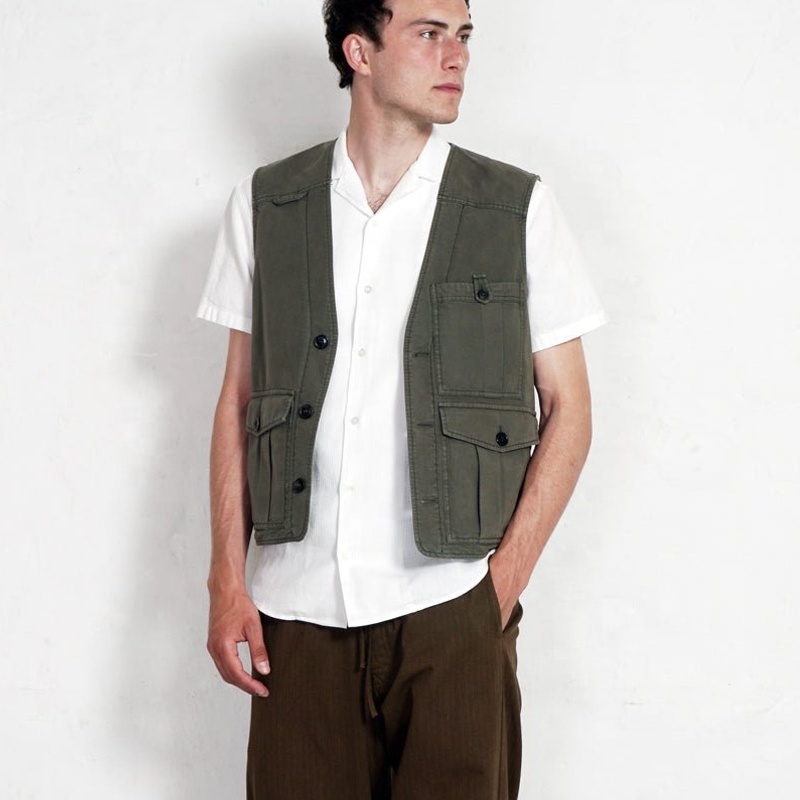 Custom green cargo pockets vest slim fit mens utility vest casual trendy outdoor denim utility work vest for men