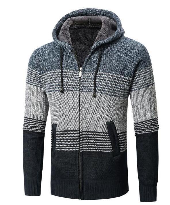 New Arrival Autumn Winter Hooded Sweater Long Sleeve Stripe Zipper Knitted Men Jacket Cardigan