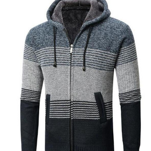 New Arrival Autumn Winter Hooded Sweater Long Sleeve Stripe Zipper Knitted Men Jacket Cardigan