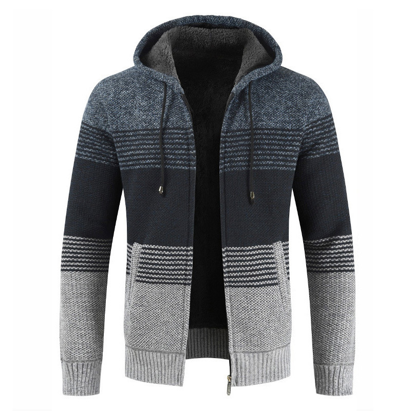 New Arrival Autumn Winter Hooded Sweater Long Sleeve Stripe Zipper Knitted Men Jacket Cardigan