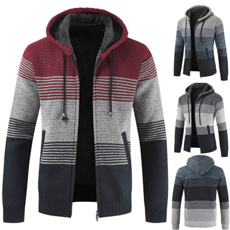 New Arrival Autumn Winter Hooded Sweater Long Sleeve Stripe Zipper Knitted Men Jacket Cardigan