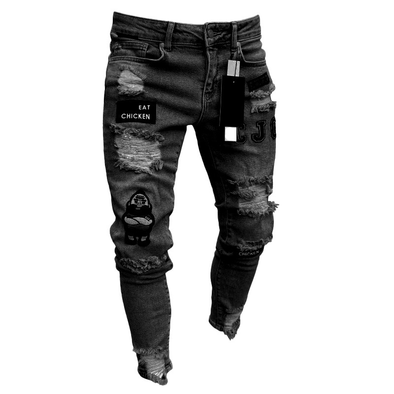 Mens Stacked Jeans Ripped Skinny Hole Distressed Patched Fashion Denim Pants in Bulk