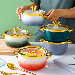 Ceramic Cheese Baked Rice Bowl Ceramic Tableware Light Luxury Soup Pot Large Instant Noodle Bowl With Ear Handle And Lid