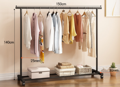 Single Pole Black Metal Clothing Garment Rack with Mesh Shelf for Clothes, Bags, Shoes, Storage Boxes