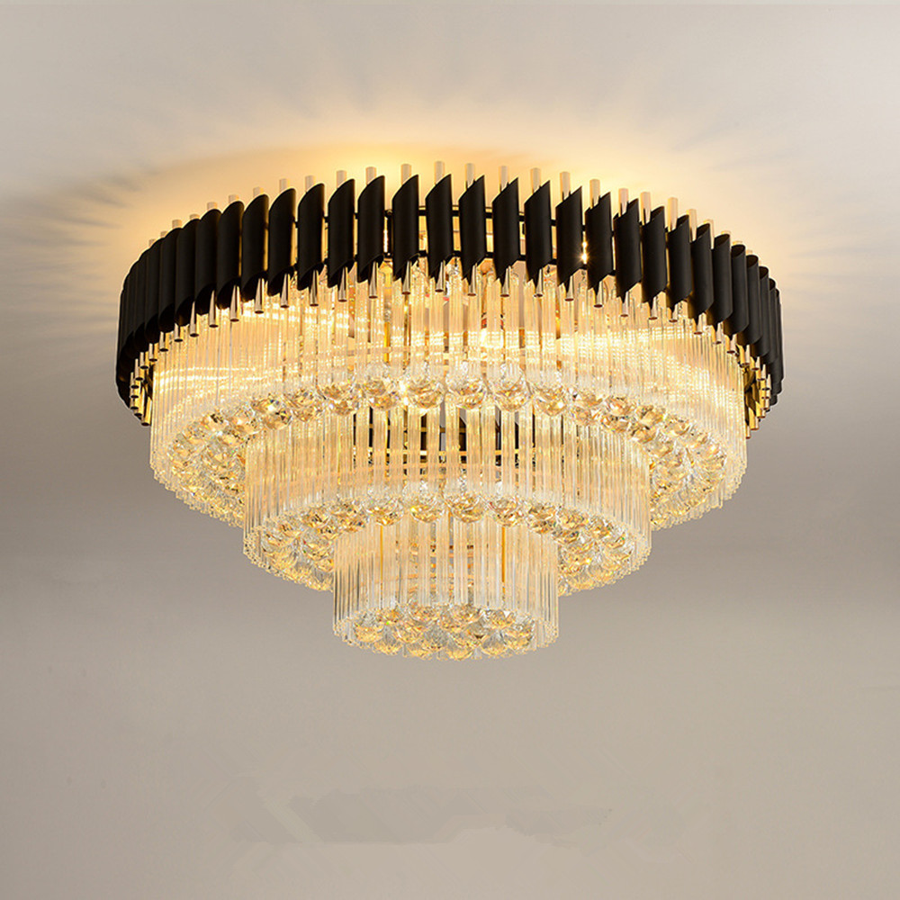 Black chandelier crystal lights flush mounted fixture ceiling luxury 3 layers lamparas de techo