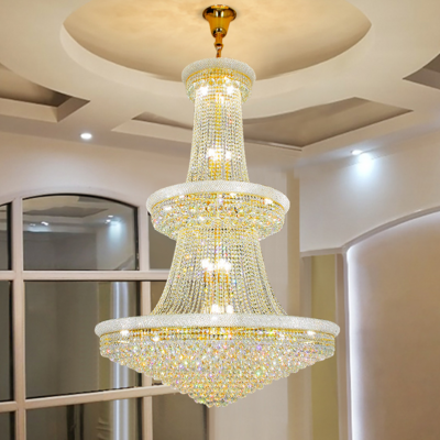 3 layer luxury stairs round long crystal chandelier lamps rain drop LED chandelier pendant light