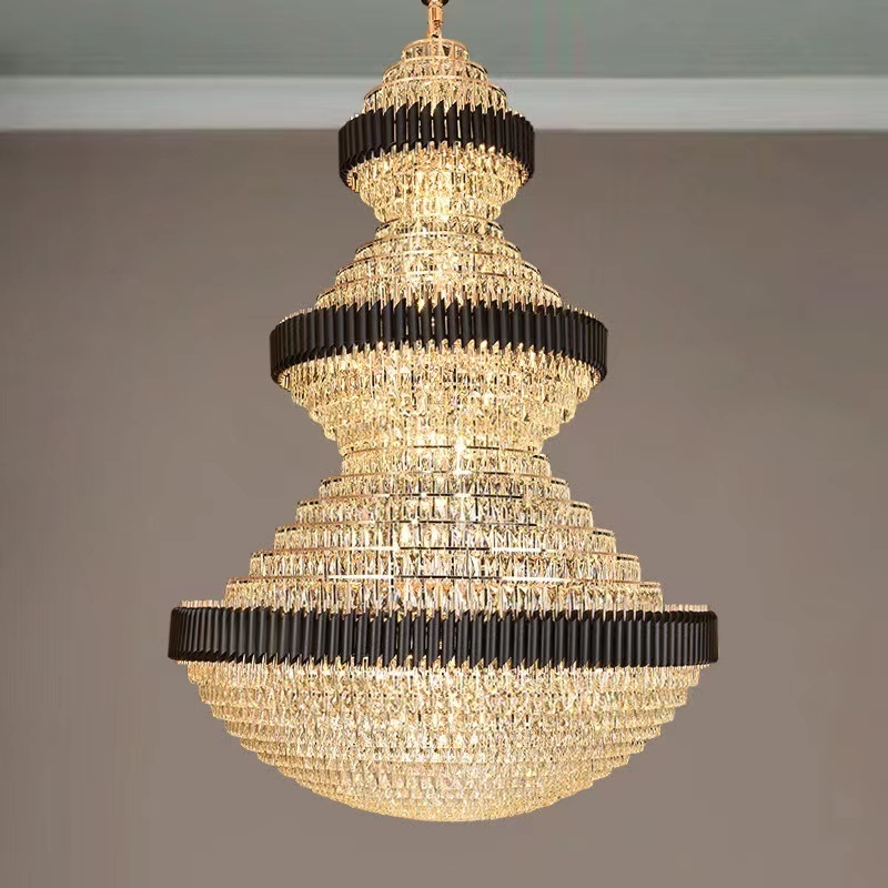 2022 Round Indoor Luxury Pendant Light Black Gold Led Hanging Lamp Modern K9 Crystal Chandelier